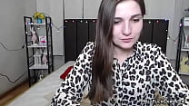 Brunette amateur Ukrainian babe AmfisaBert in leopard print t shirt stripping off to red bra then naked showing small tits and firm ass on webcam